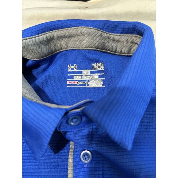 Under Armour Polo Shirt Men's Size L Blue Striped Short Sleeve Heatgear - Picture 5 of 7